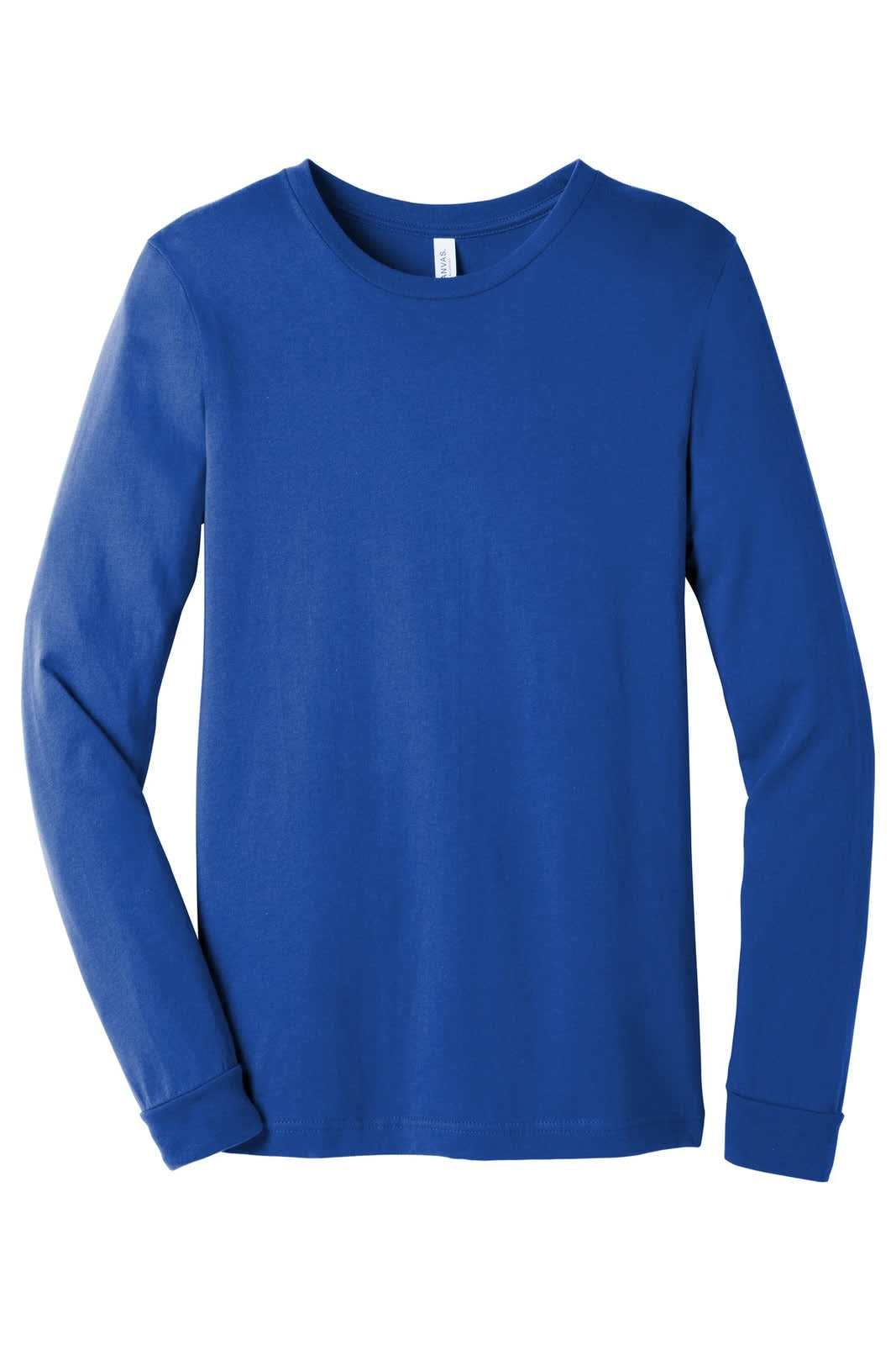 A unisex long sleeve tee in bright blue, featuring a logo on it.