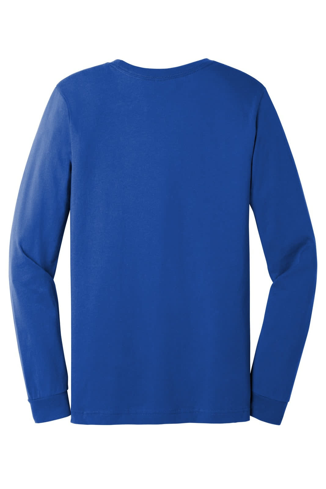 A blue unisex long sleeve tee featuring a plain back design. The shirt has long sleeves and a round neckline.