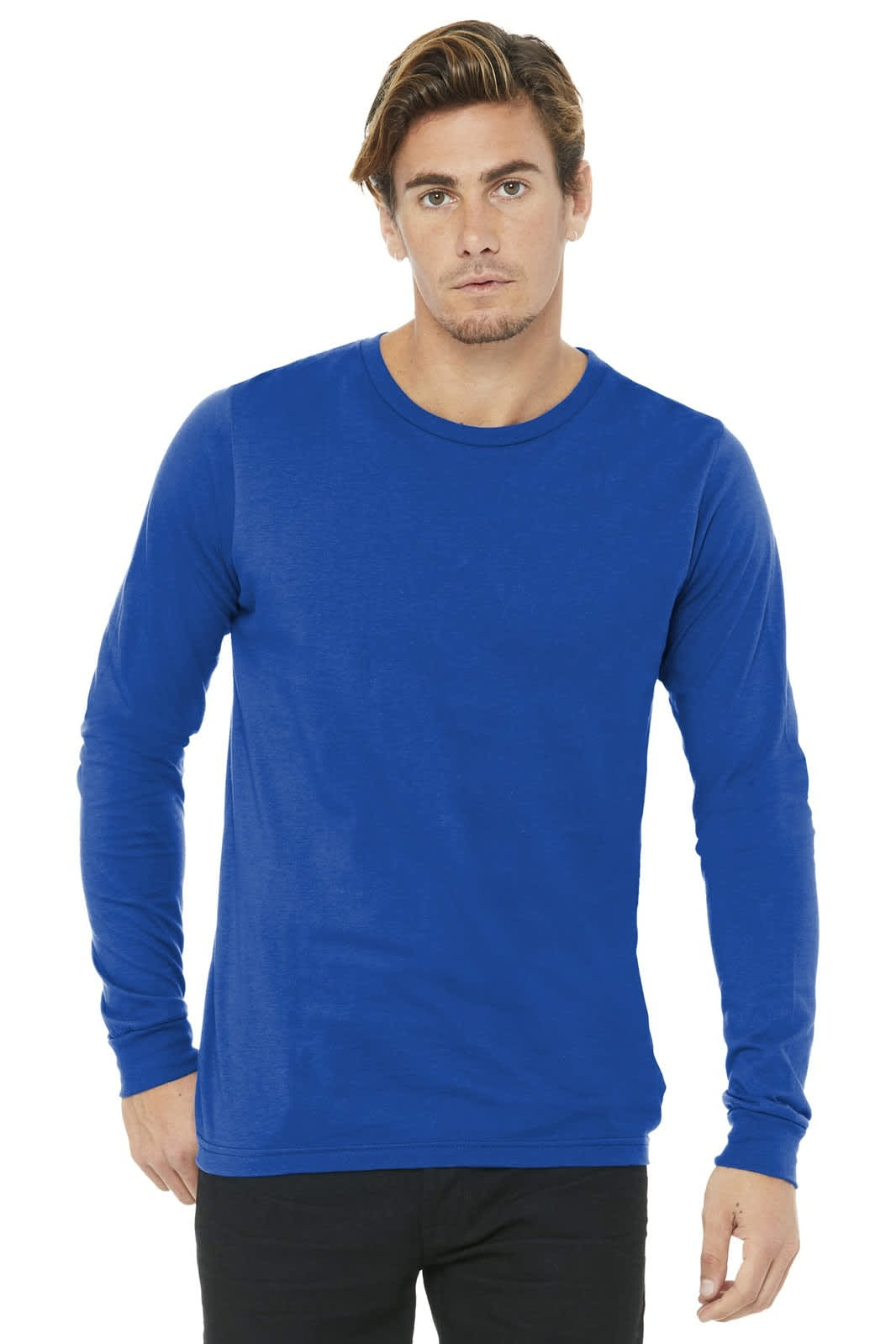 A blue unisex long sleeve tee with a round neckline and fitted sleeves, featuring a logo on the shirt.