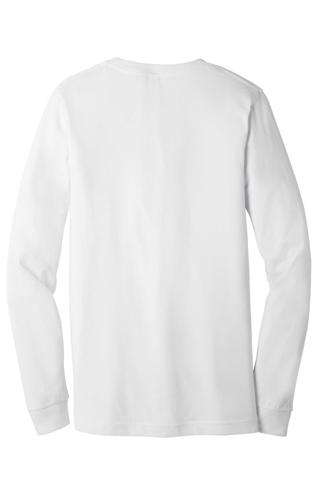 A white unisex long sleeve tee featuring a plain back and a simple design. It includes a logo.