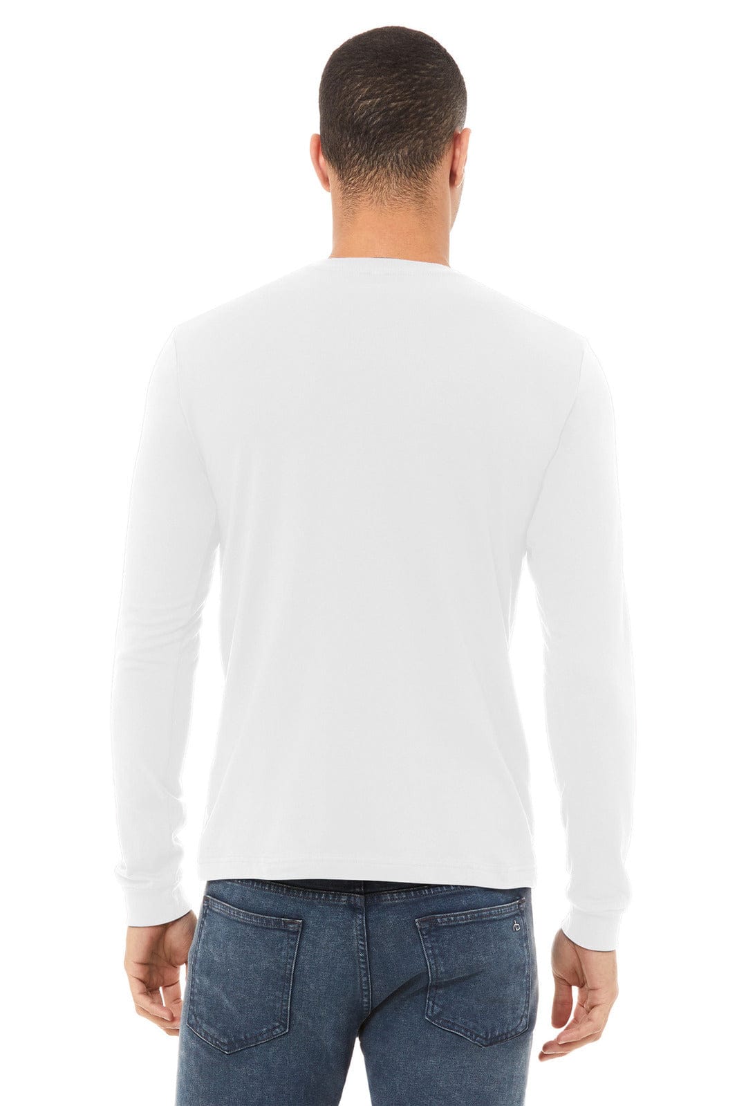 A unisex long sleeve tee in white, featuring a back view of the garment. It has a simple design and a logo.