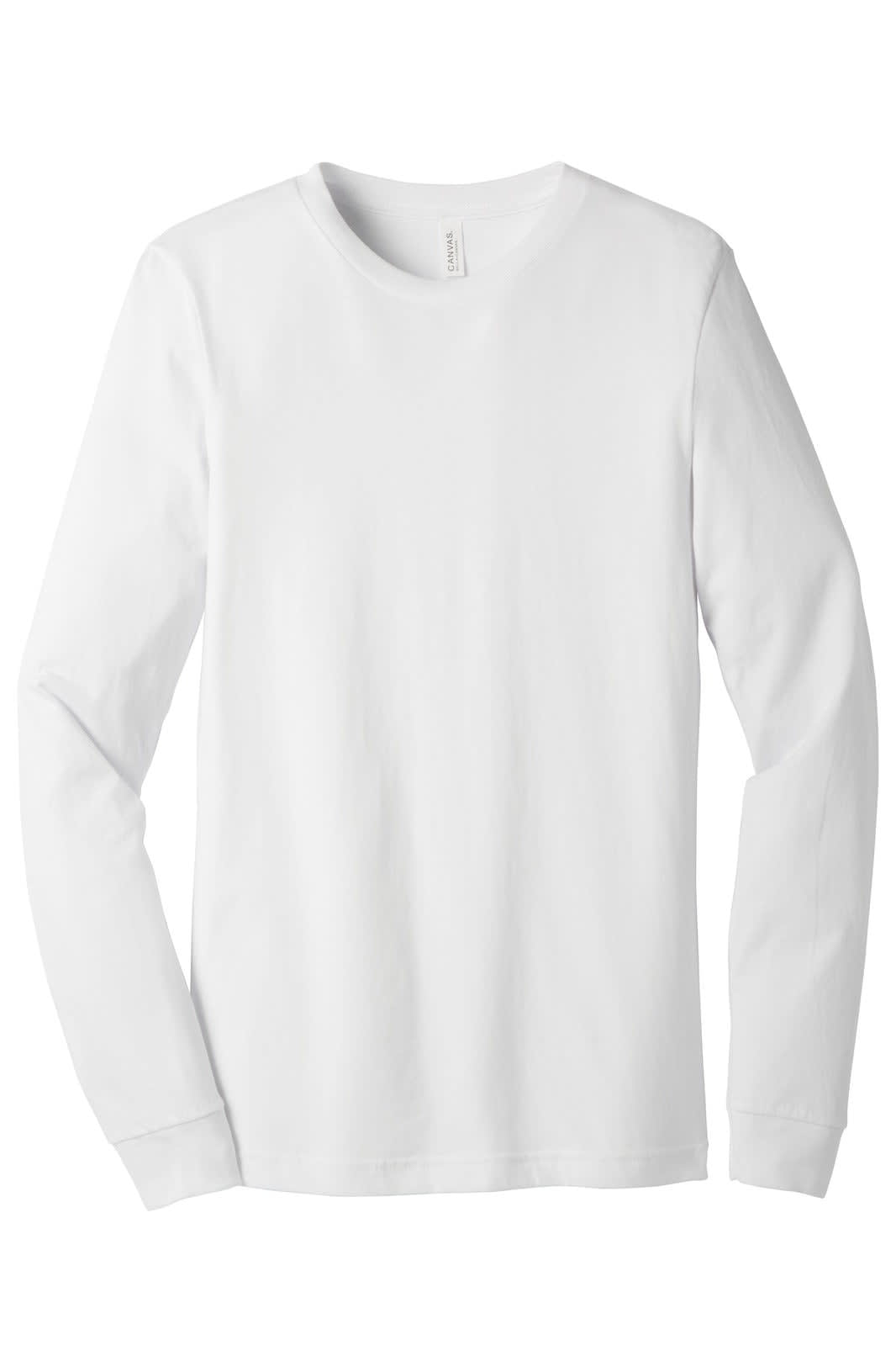 A white unisex jersey long sleeve tee with a simple design and a branding logo.