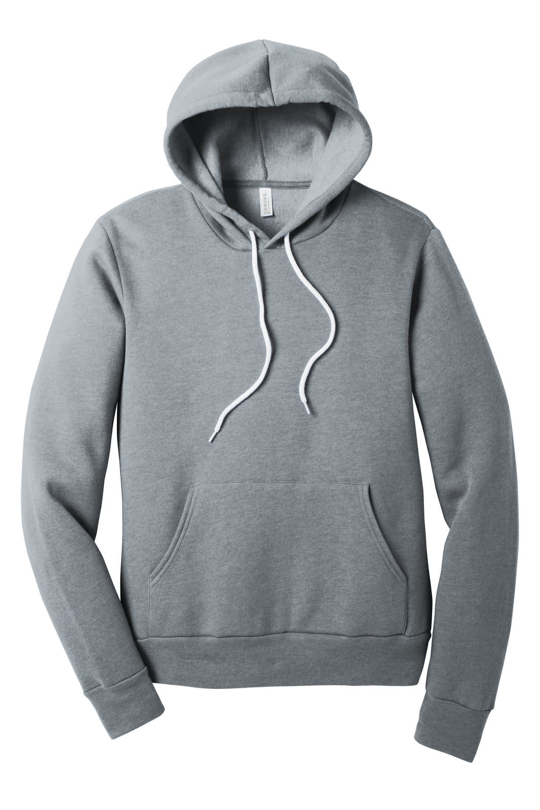 A grey unisex sponge fleece pullover hoodie with a front pocket and a drawstring hood. It features a logo.