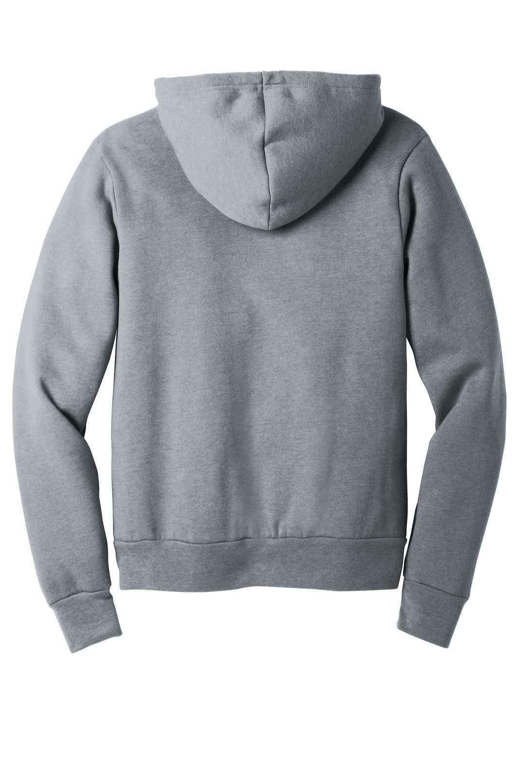 A grey unisex sponge fleece pullover hoodie with a kangaroo pocket and a hood, featuring a logo.