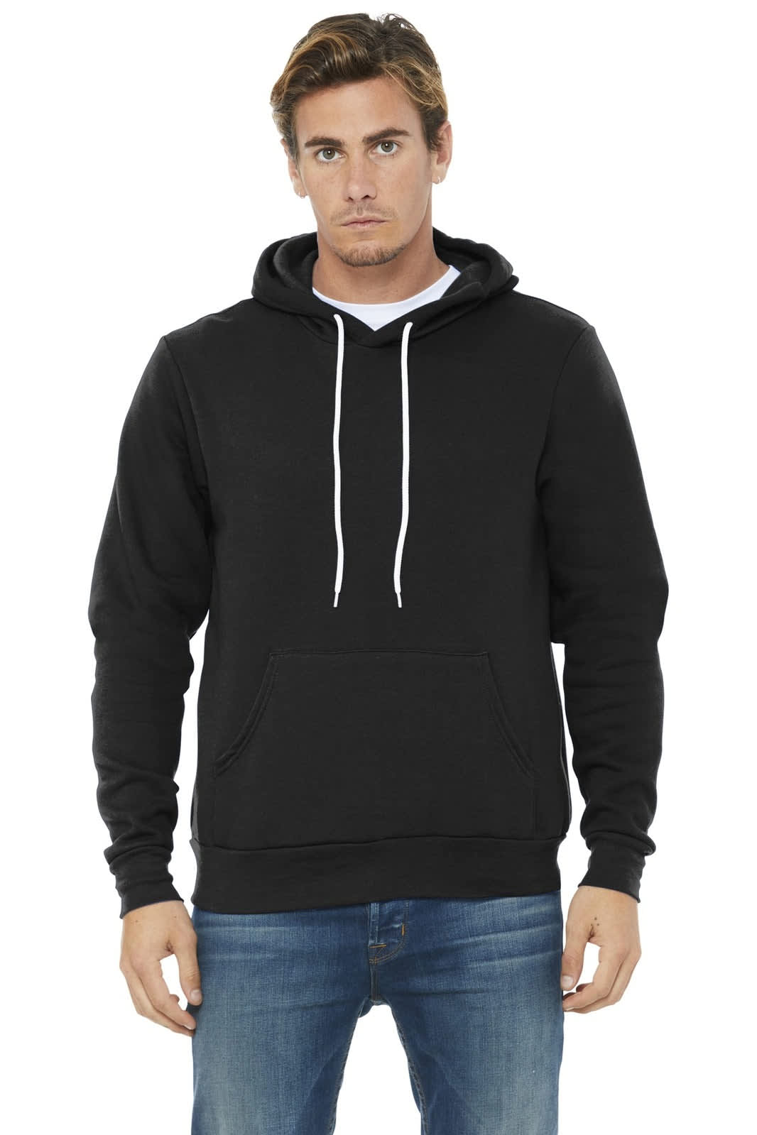 A black unisex sponge fleece pullover hoodie with a front pocket and white drawstrings. It features a logo.