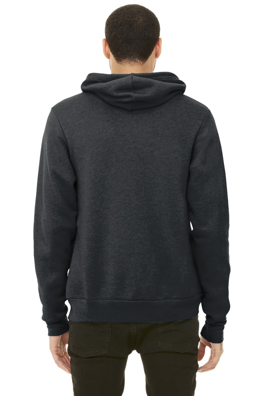 A unisex dark grey sponge fleece pullover hoodie with a hood and kangaroo pocket, featuring a logo.