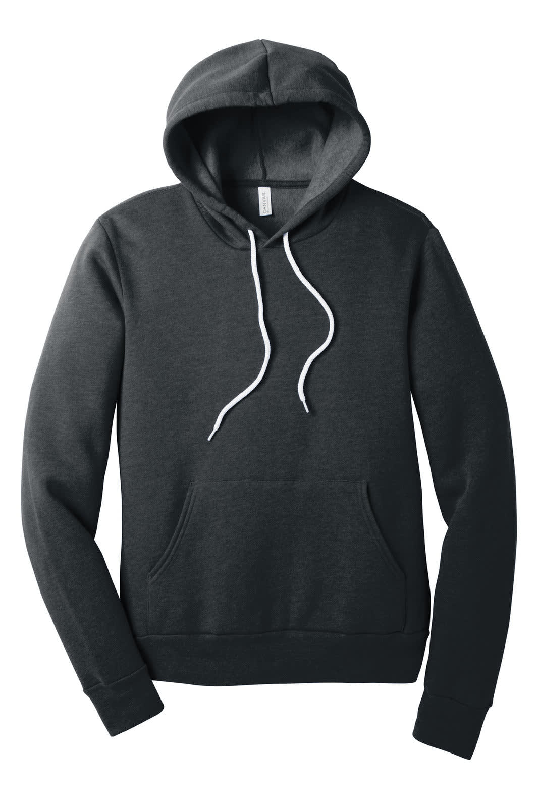 A unisex charcoal grey sponge fleece pullover hoodie with a front pocket and a drawstring hood.
