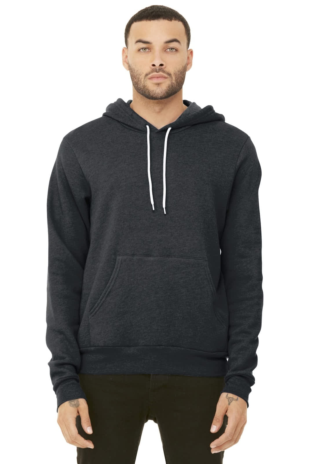 A unisex sponge fleece pullover hoodie in dark grey, featuring a front pocket and a drawstring hood.
