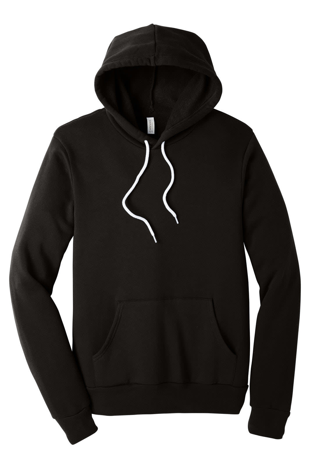 A black unisex sponge fleece pullover hoodie with a front pouch pocket and a logo on the label.