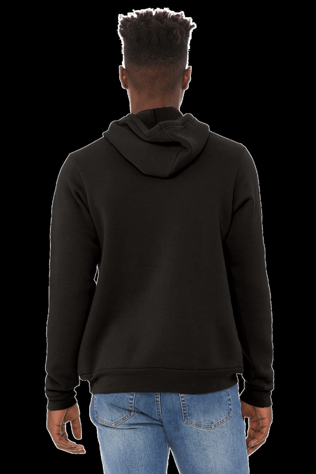 A black unisex sponge fleece pullover hoodie, viewed from the back, with a hood and a smooth finish.