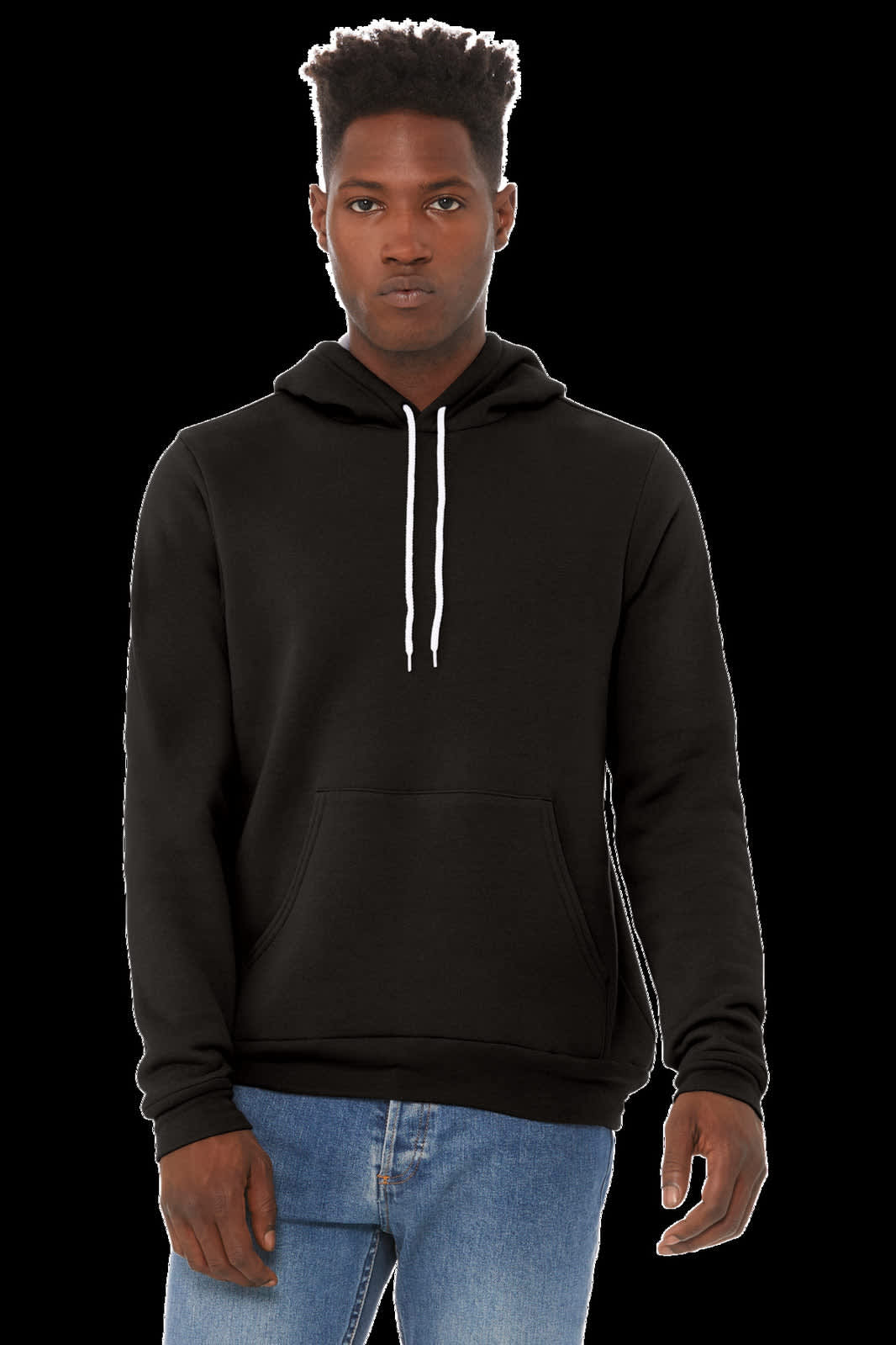 A unisex black sponge fleece pullover hoodie with a front pocket and white drawstrings. Features a logo.