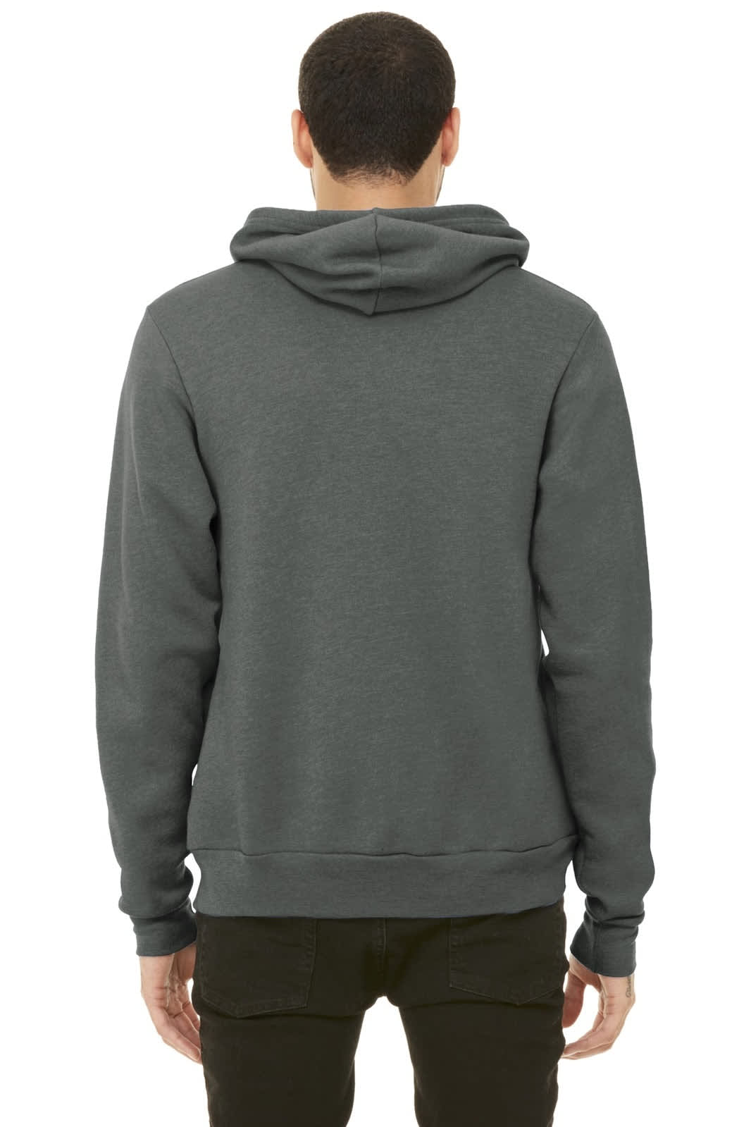 A unisex sponge fleece pullover hoodie in a dark grey colour, featuring a hood and a plain back design.