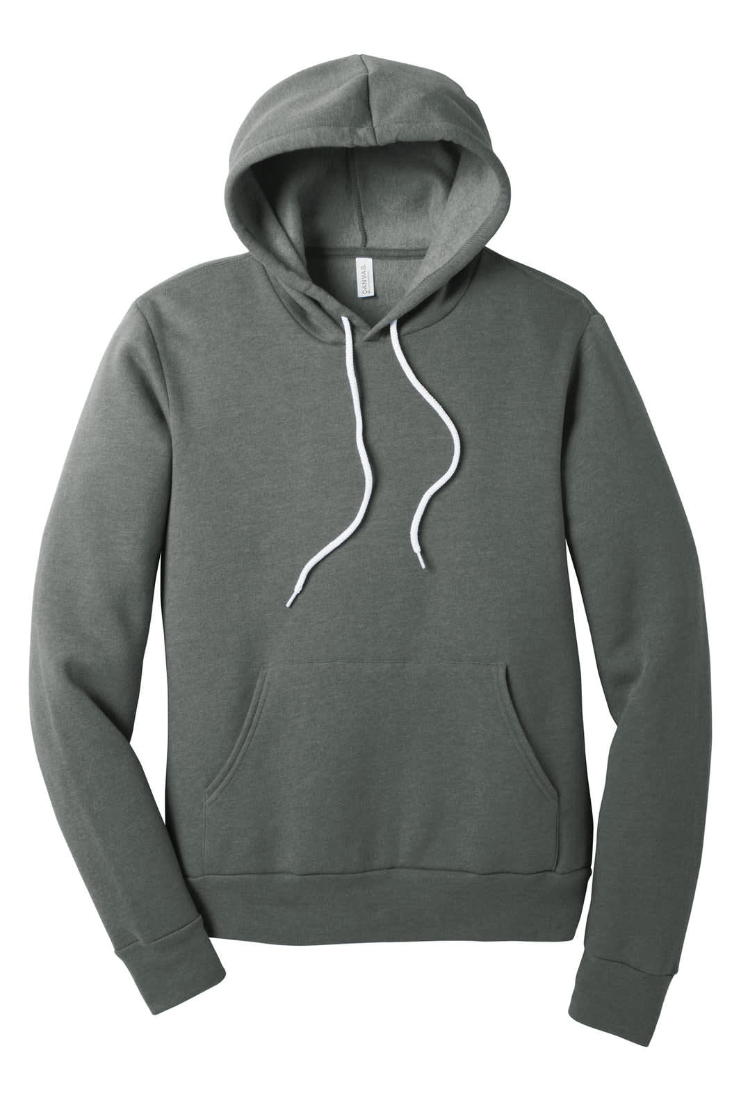 A unisex sponge fleece pullover hoodie in a muted green shade with a front pocket and drawstring hood.