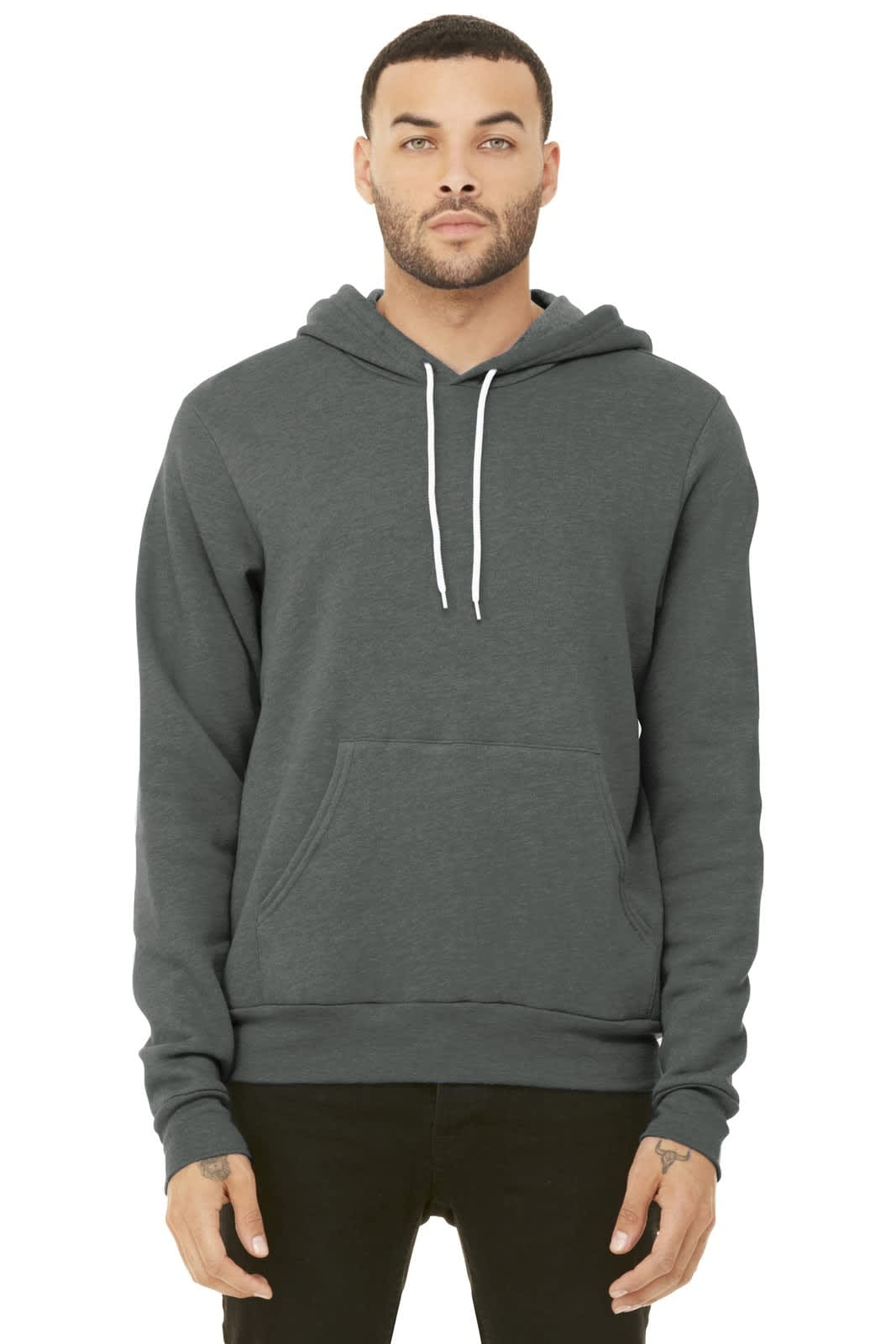 A unisex sponge fleece pullover hoodie in dark grey with a front pocket and a hood. It features a logo.