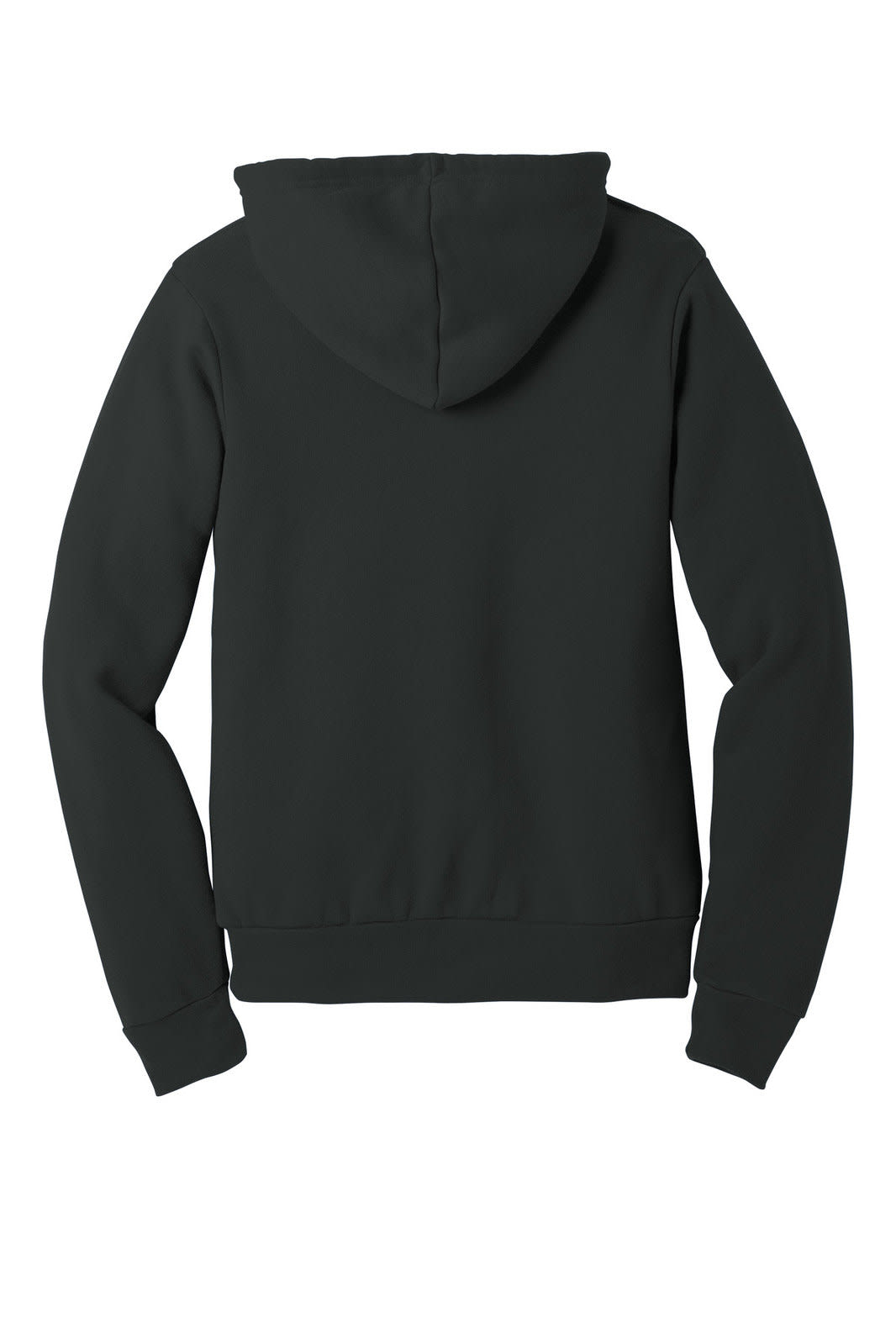 A black unisex sponge fleece pullover hoodie with a hood and long sleeves, featuring a plain back design.