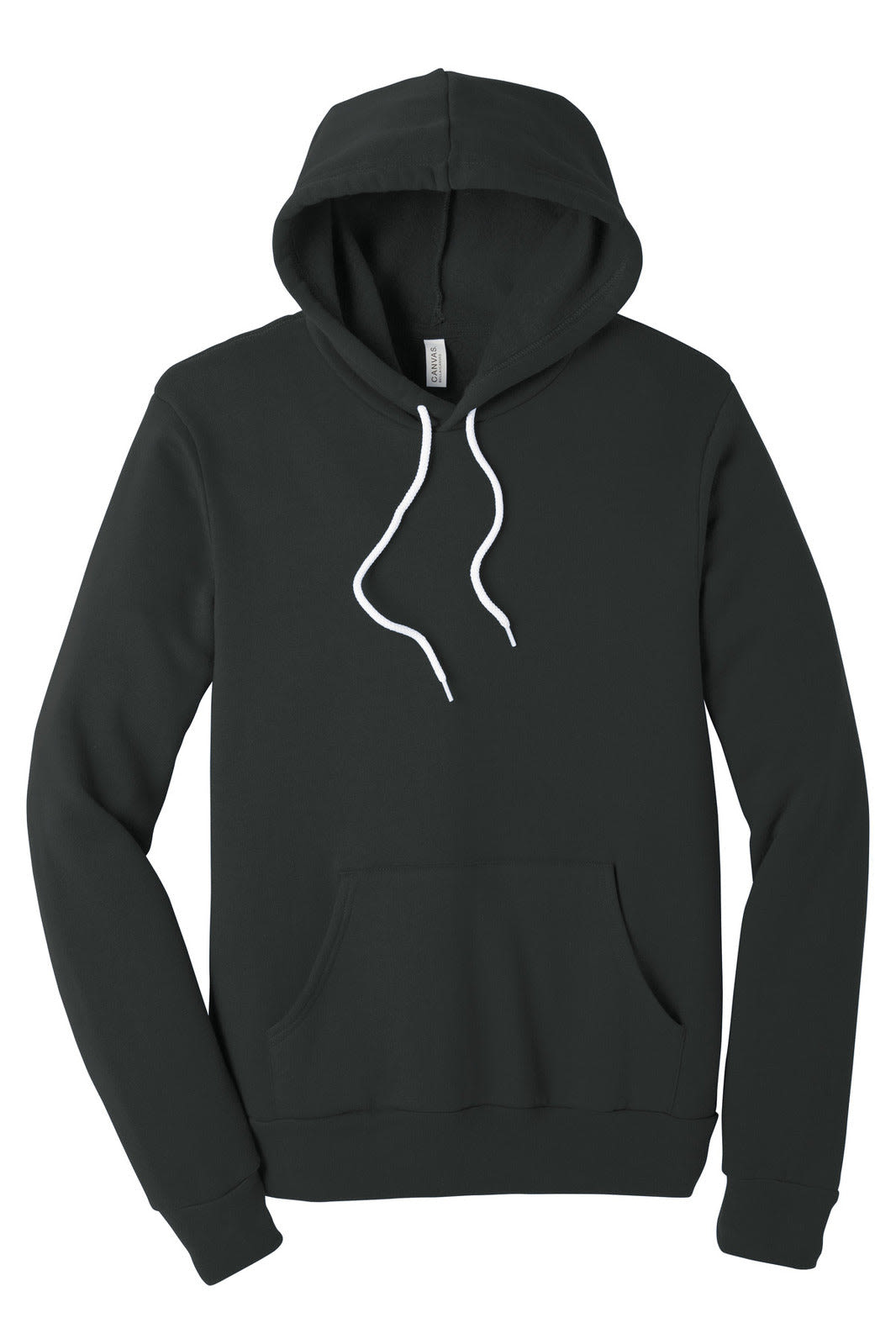 A unisex sponge fleece pullover hoodie in dark grey featuring a front pocket and a drawstring hood.