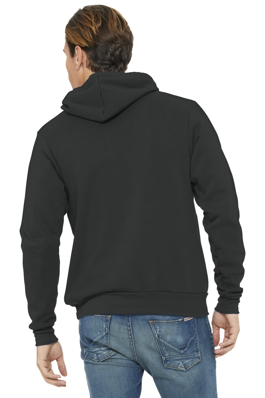 A black unisex sponge fleece pullover hoodie with a hood, viewed from the back.