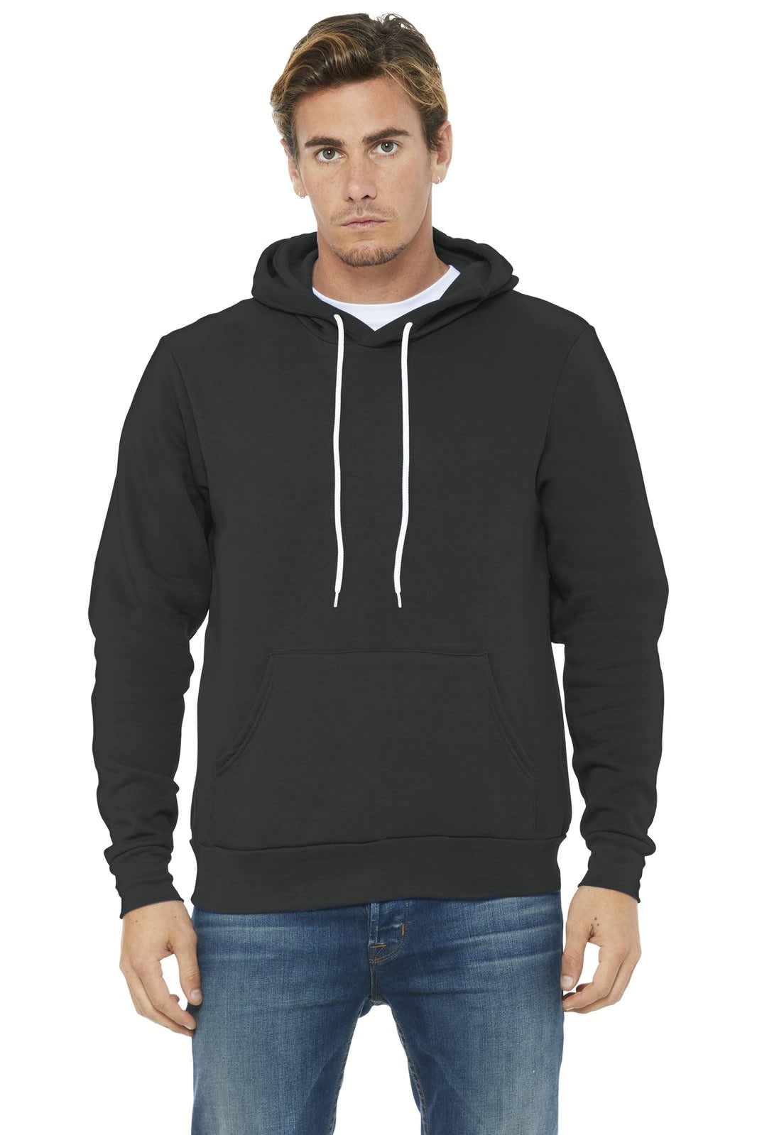 A unisex black sponge fleece pullover hoodie with a front pocket and drawstrings, featuring a logo.