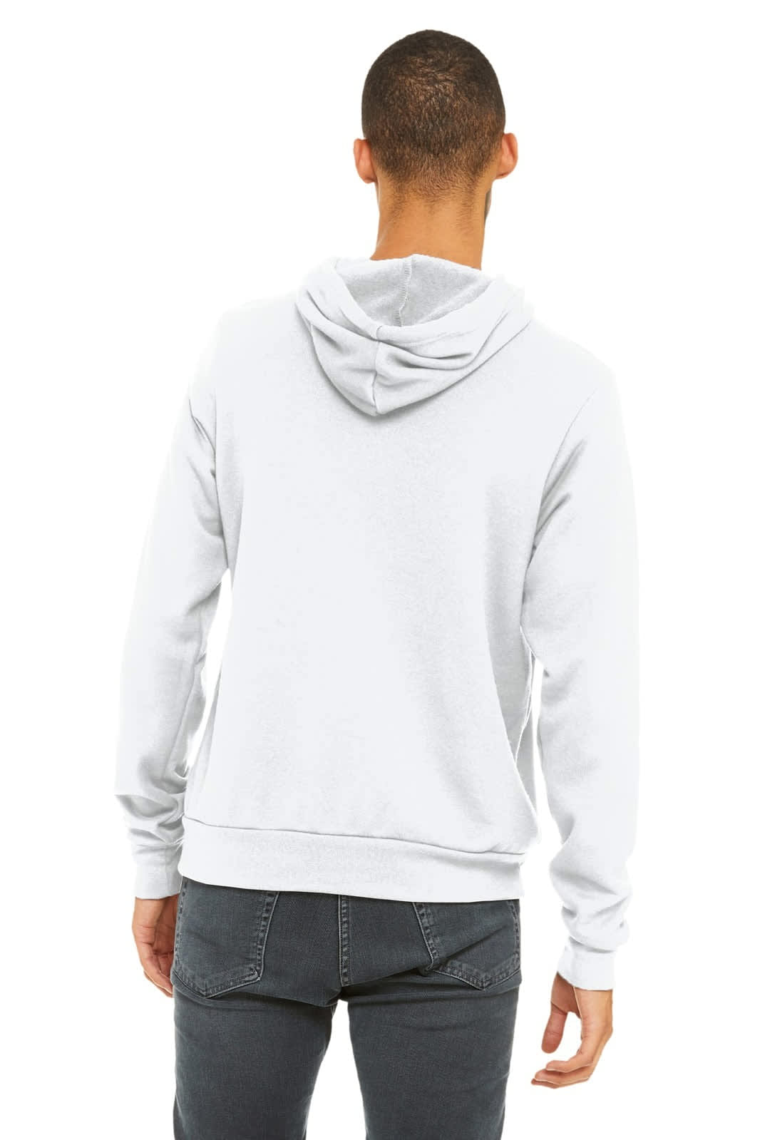 A light grey unisex sponge fleece pullover hoodie with a hood, featuring a simple design and set-in sleeves.
