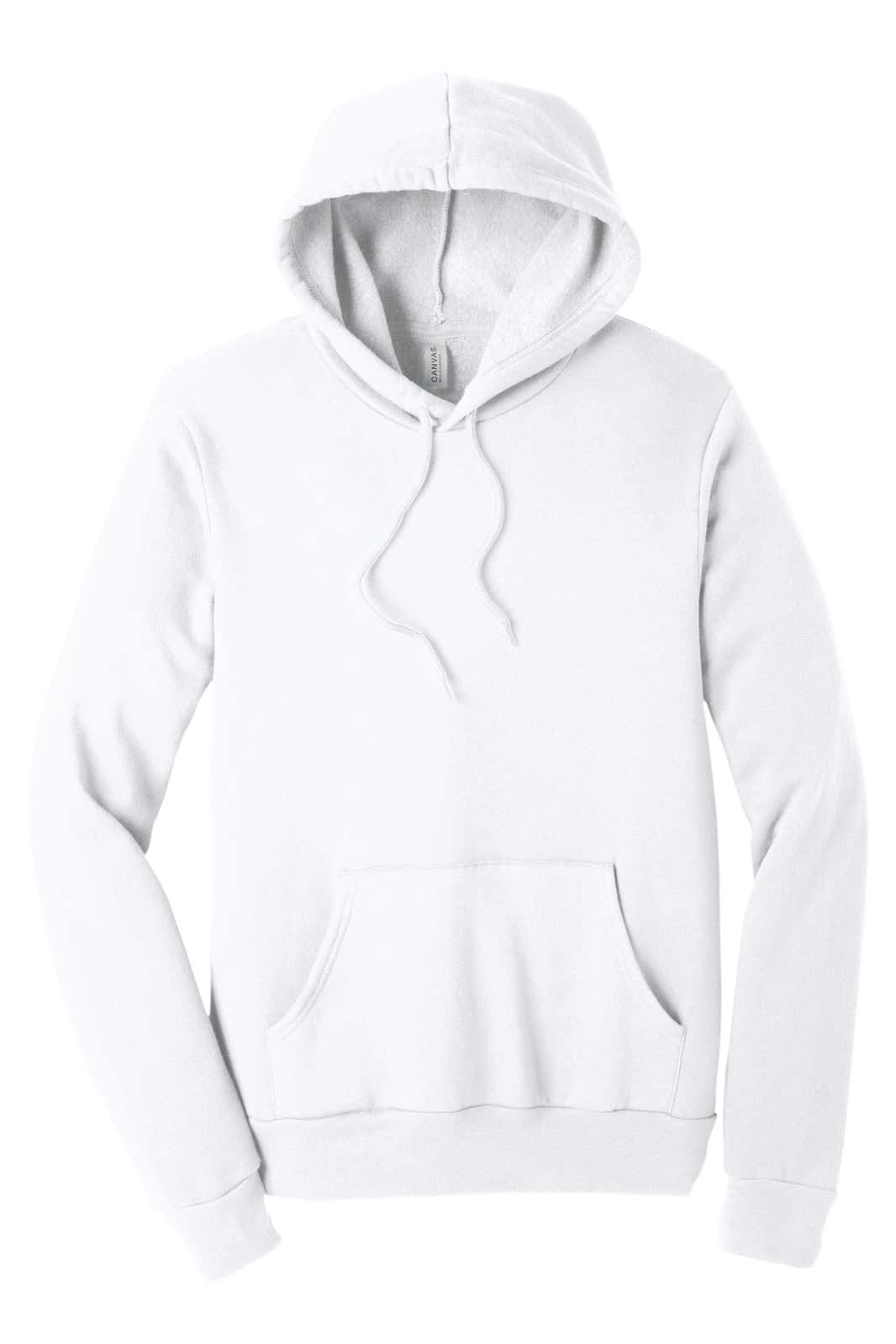 A white unisex sponge fleece pullover hoodie with a front pocket and a hood, featuring a logo.