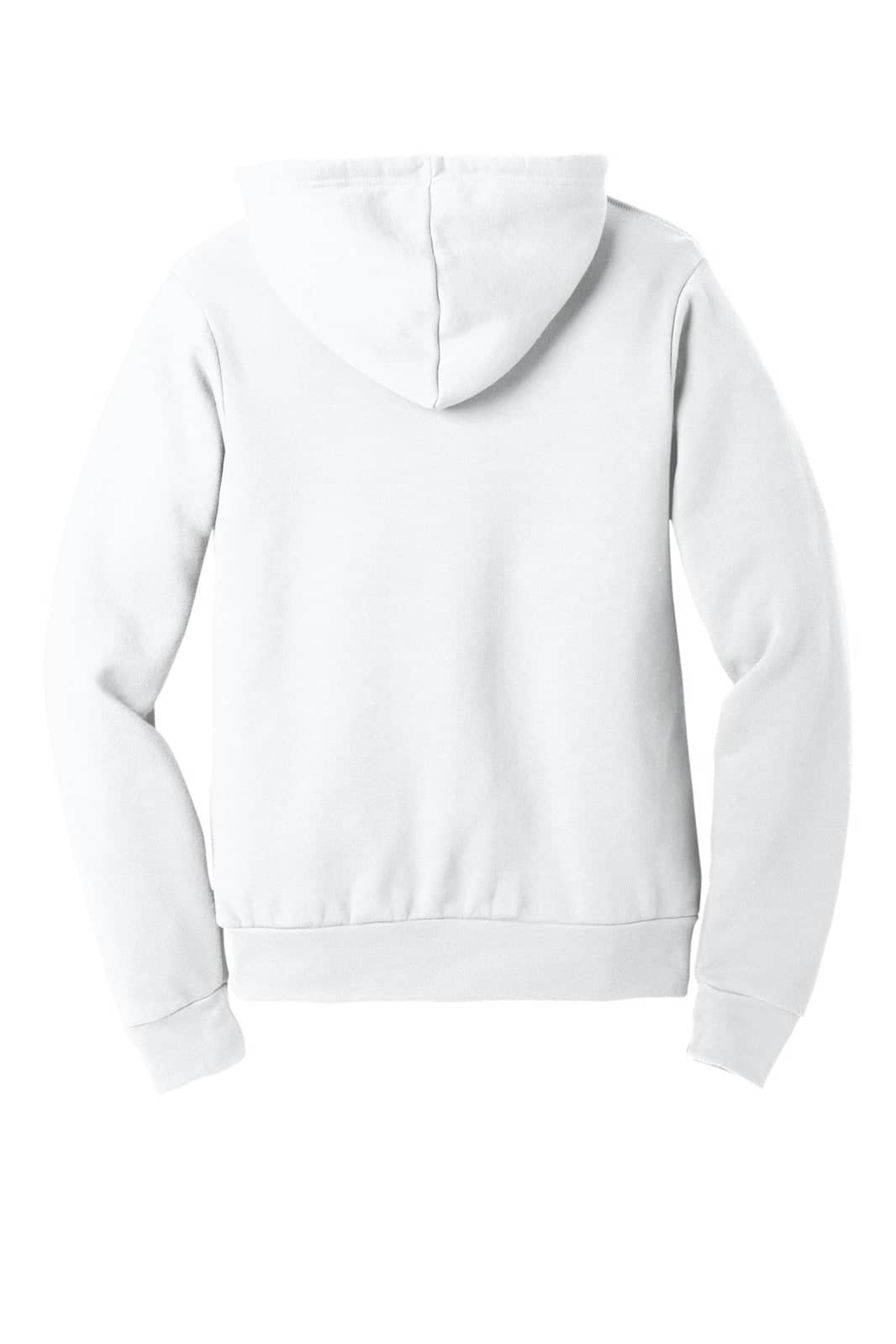 A white unisex sponge fleece pullover hoodie with a hood and long sleeves, featuring a logo on the back.