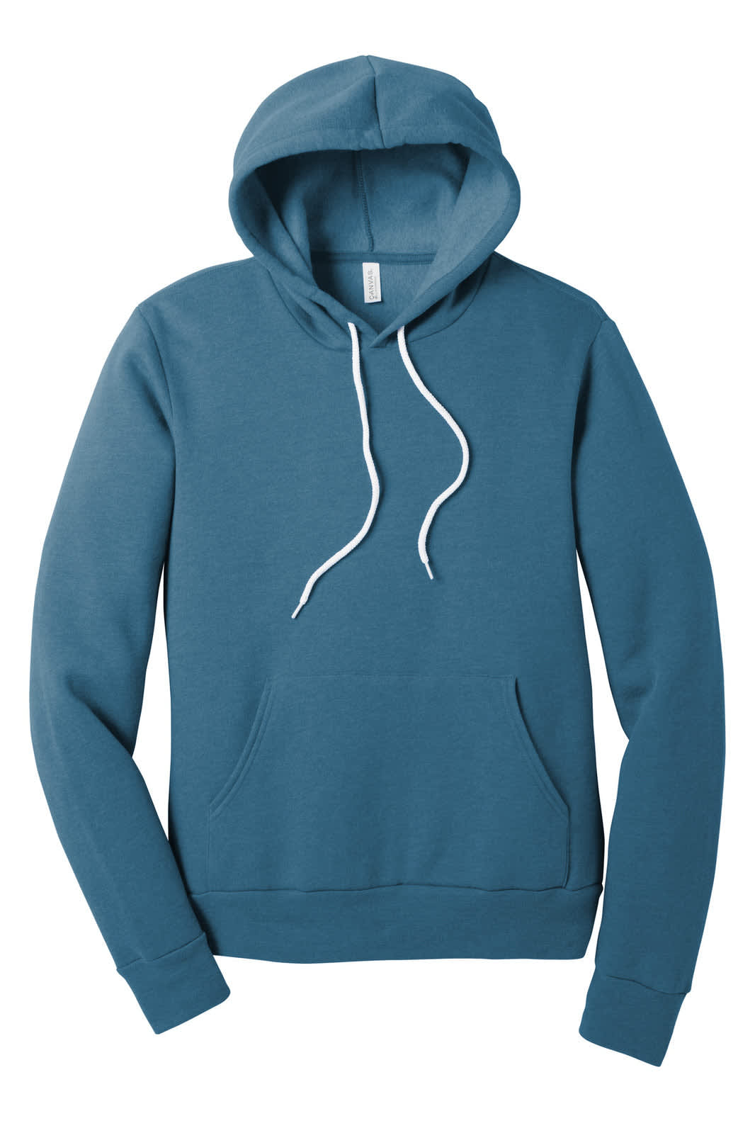 A teal unisex sponge fleece pullover hoodie with a front pocket and a drawstring hood. It features a logo.