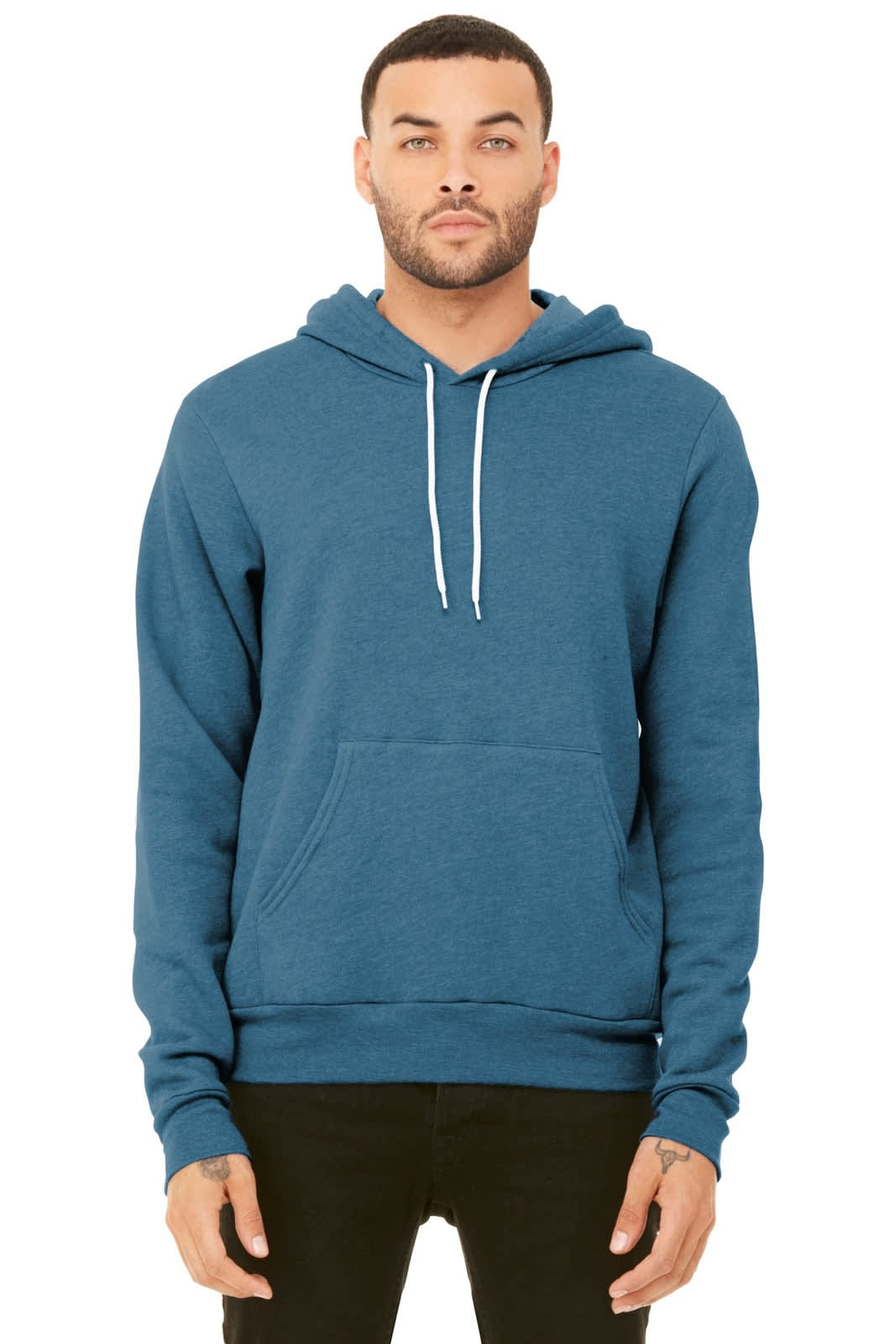 A unisex sponge fleece pullover hoodie in a deep teal colour, featuring a front pocket and drawstring hood.