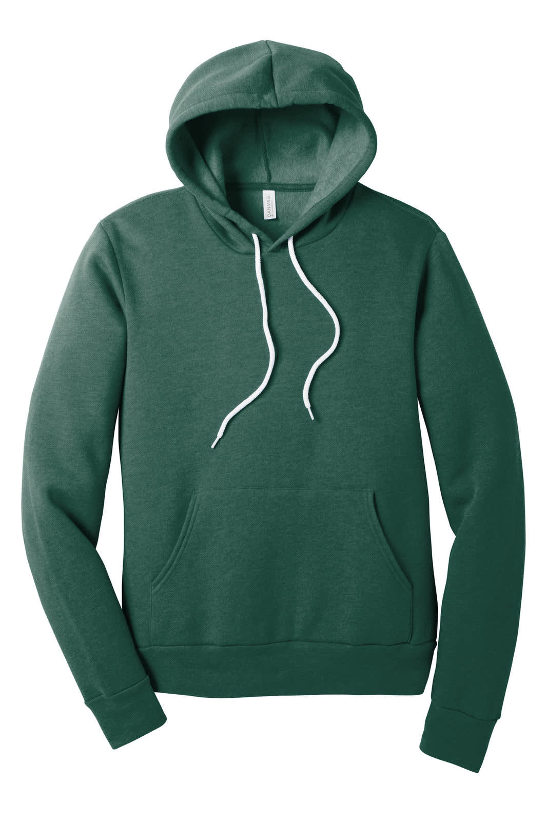 A green unisex sponge fleece pullover hoodie with a front pocket and a drawstring hood.