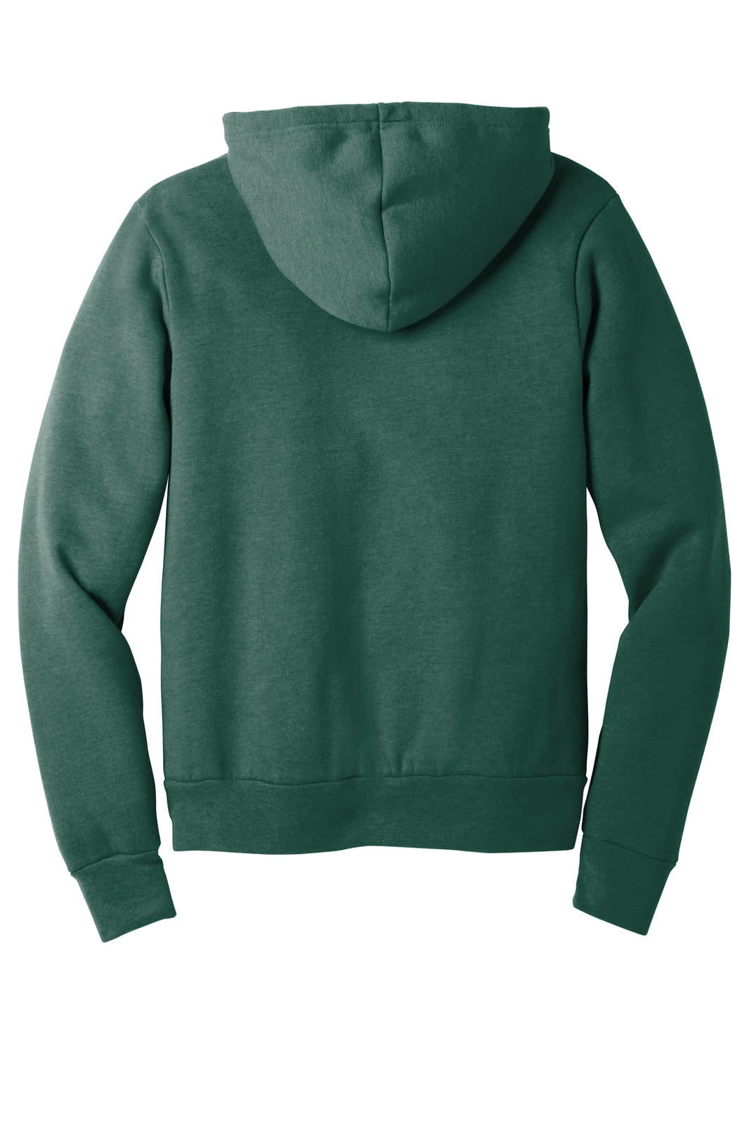A back view of a unisex green pullover hoodie with a hood, featuring long sleeves and a logo.