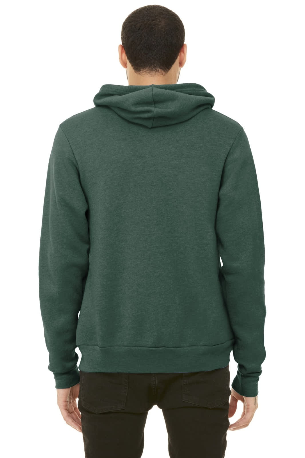 A unisex sponge fleece pullover hoodie in a dark green colour, featuring a hood and a plain back view.