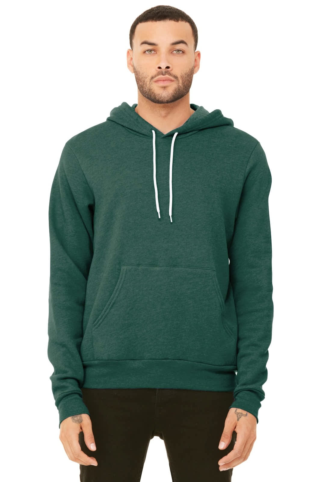 A unisex sponge fleece pullover hoodie in dark green, featuring a front pocket and a hood.