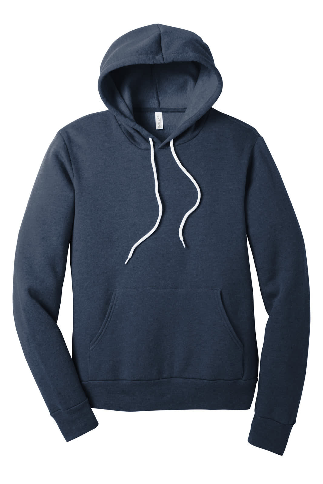 A navy unisex sponge fleece pullover hoodie with a front pocket and drawstring hood. Features a logo.