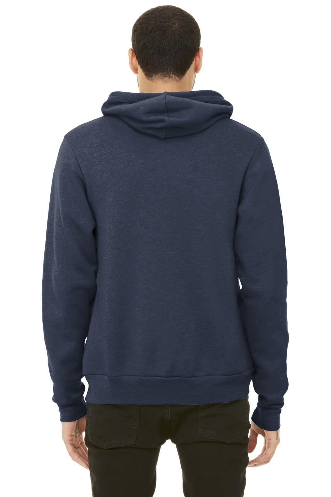 A navy unisex sponge fleece pullover hoodie with a hood and a back view, featuring a logo.