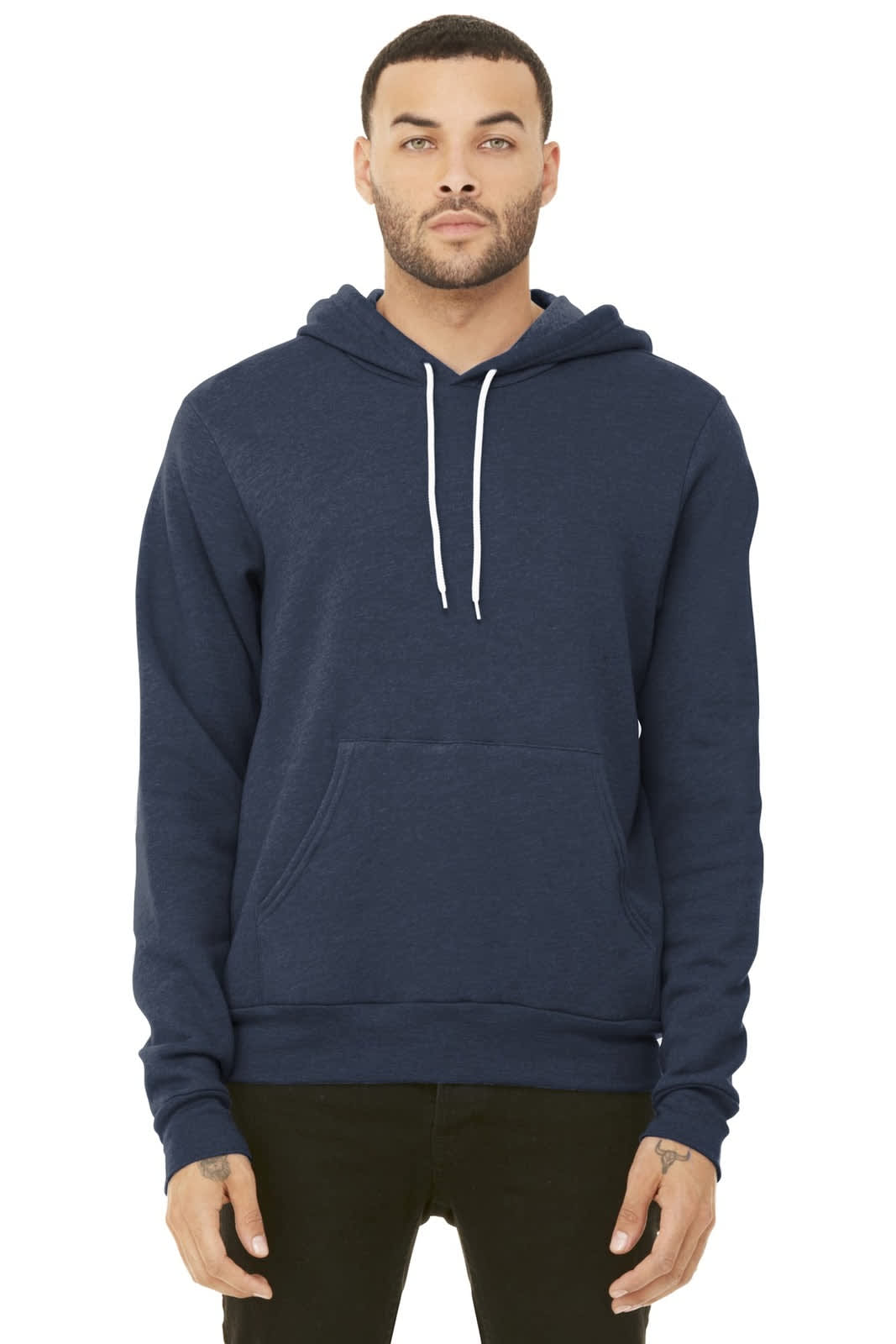A unisex navy sponge fleece pullover hoodie featuring a front pocket and a logo on the chest.