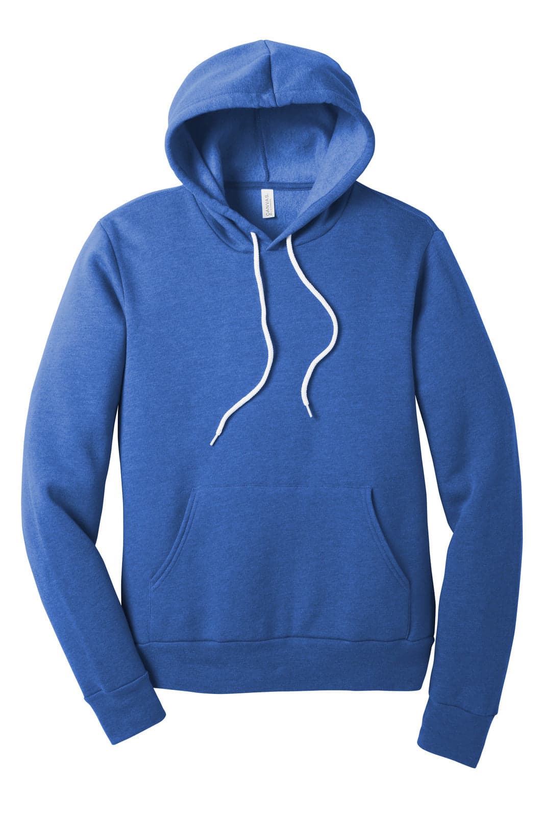 A blue unisex sponge fleece pullover hoodie with a front pouch pocket and a drawstring hood. It features a logo.