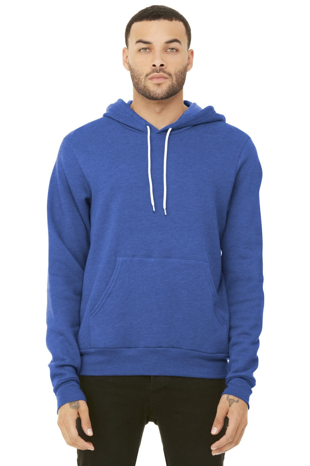 A unisex sponge fleece pullover hoodie in vibrant blue, featuring a front kangaroo pocket and drawstring hood.