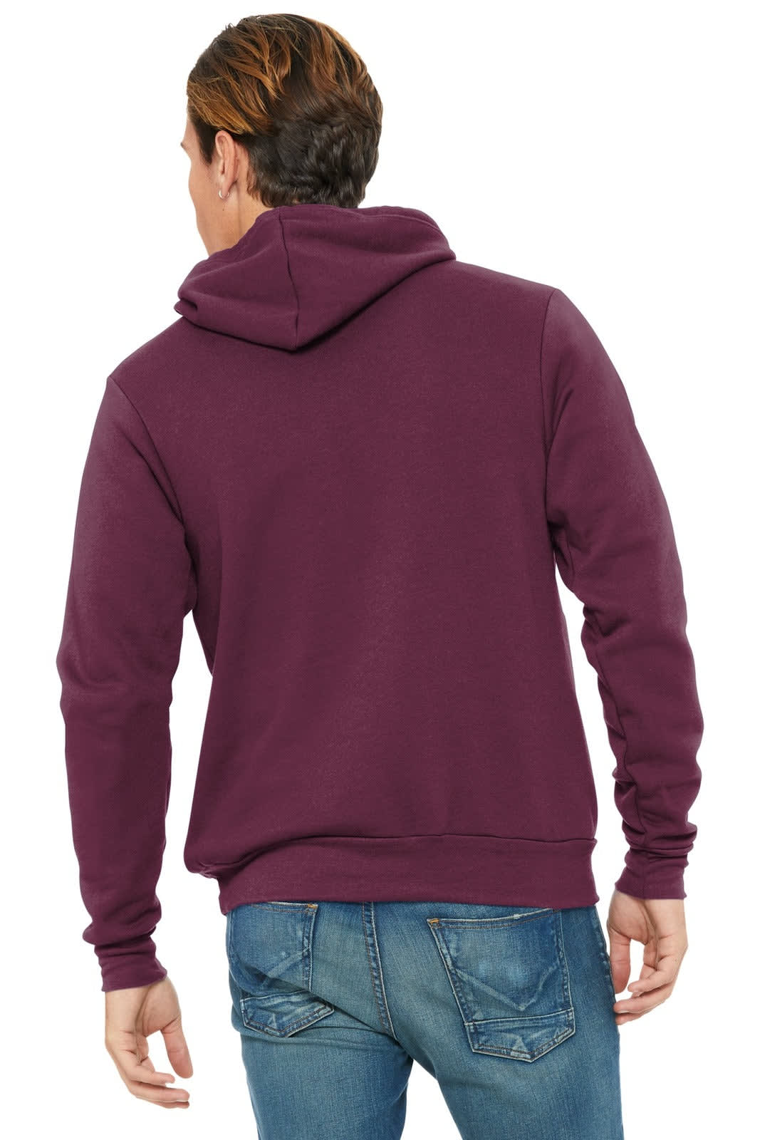 A man wearing a unisex sponge fleece pullover hoodie in a rich burgundy colour, viewed from the back.