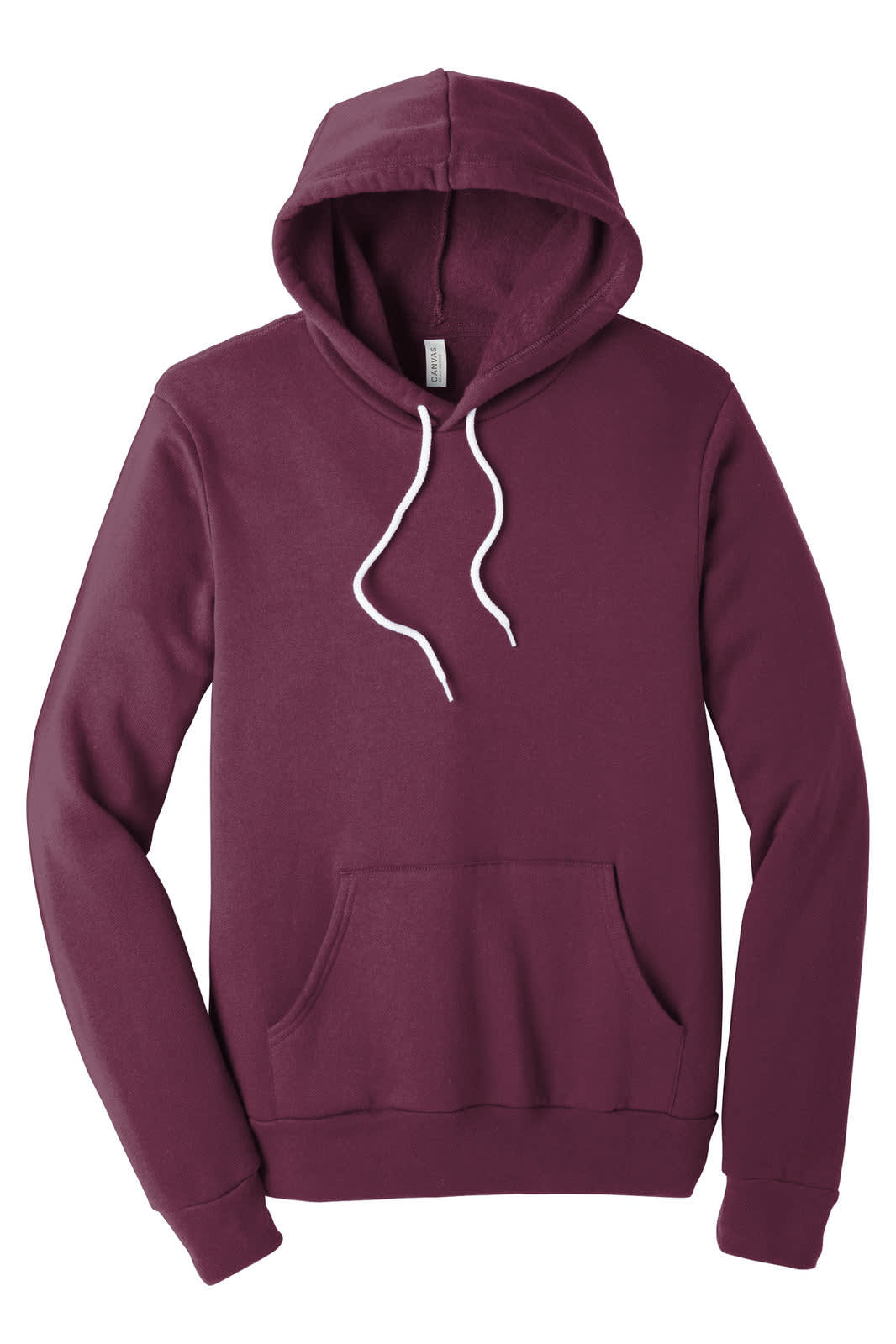 A unisex sponge fleece pullover hoodie in burgundy with a front pocket and a white drawstring hood.