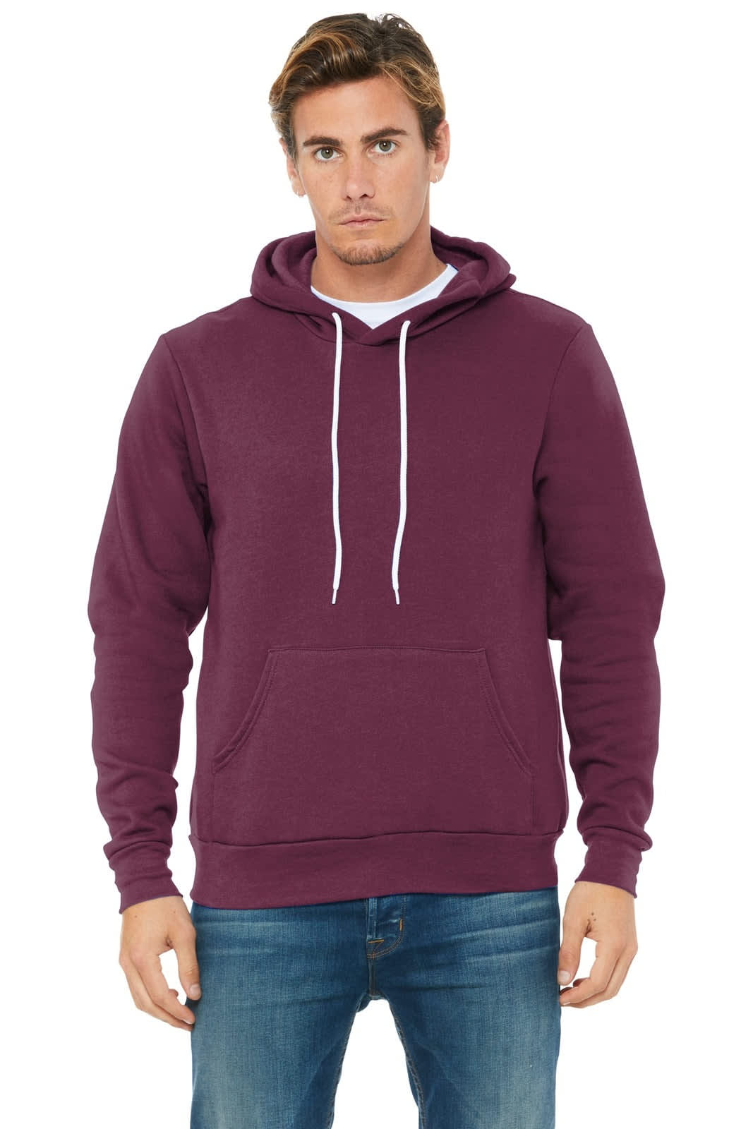 A unisex sponge fleece pullover hoodie in burgundy, featuring a front pocket and a hood.