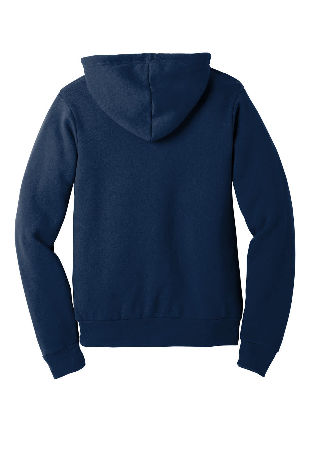 A navy blue unisex sponge fleece pullover hoodie with a hood and long sleeves, featuring a logo on the back.