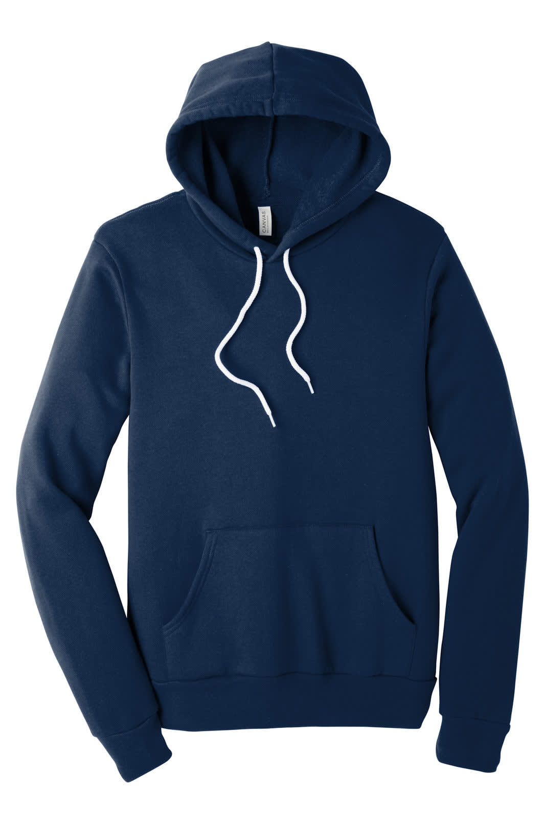 A navy unisex sponge fleece pullover hoodie with a front pocket and a hood, featuring a logo.