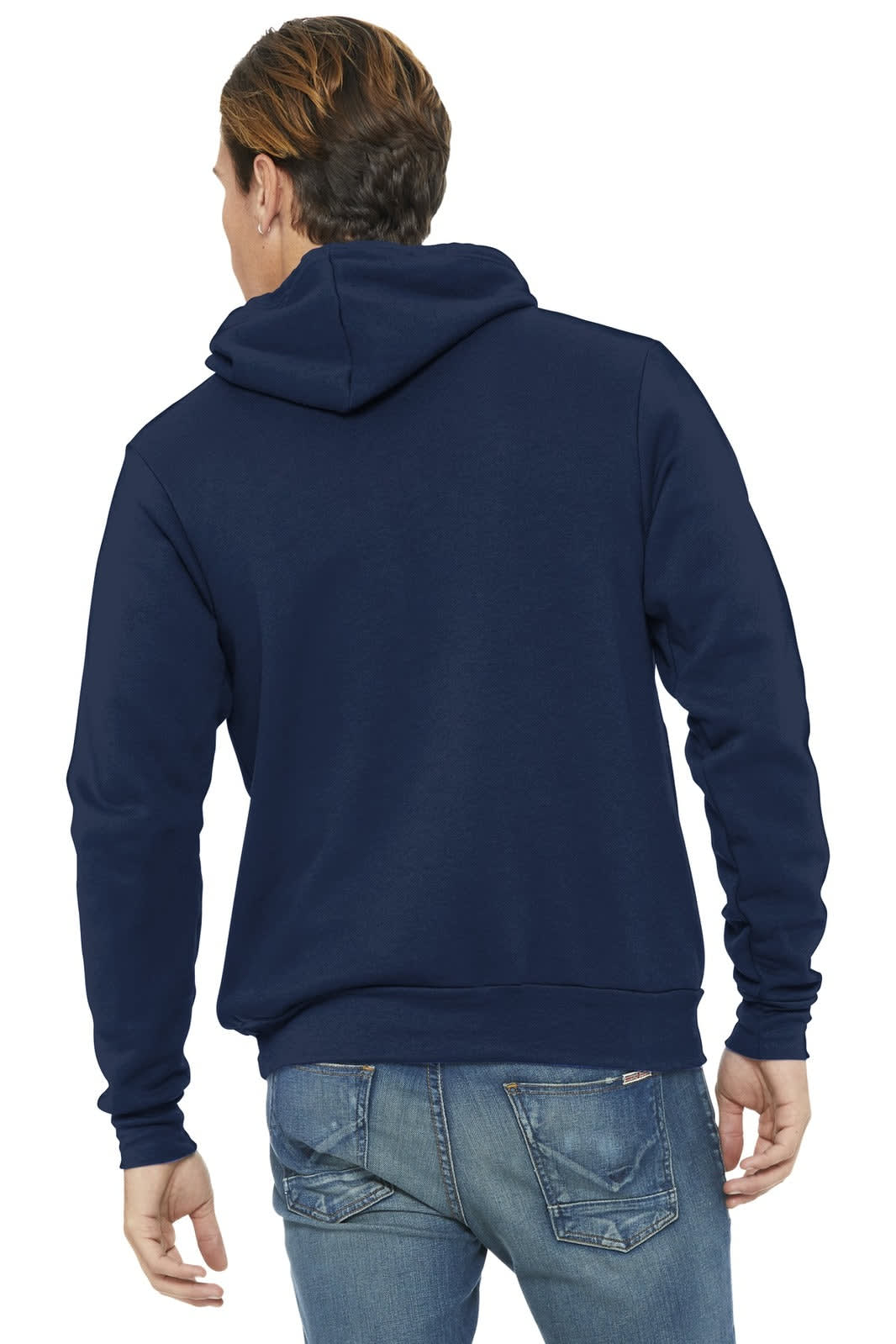 A navy blue unisex pullover hoodie with a hood, shown from the back, featuring a logo.