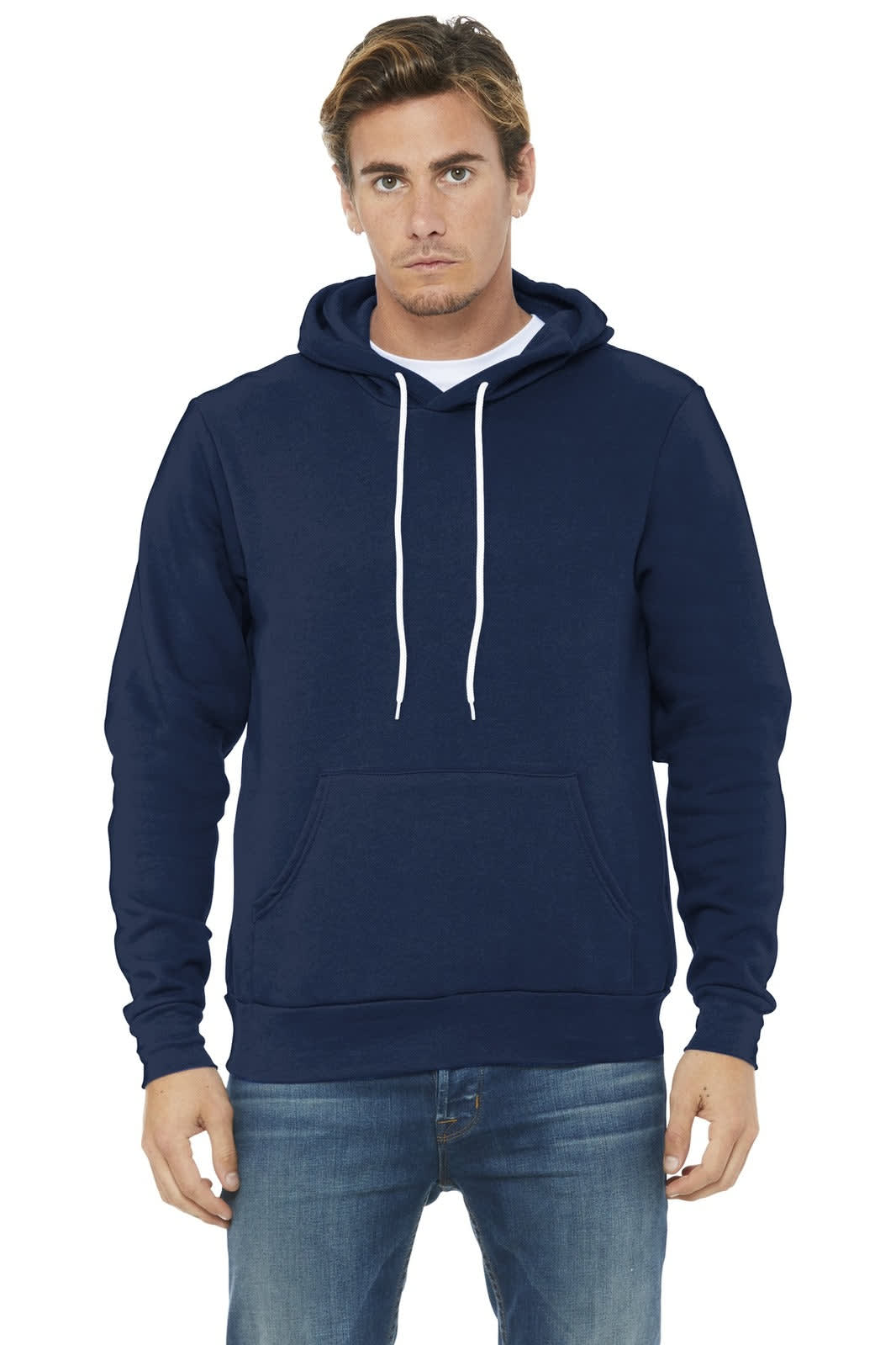 A unisex navy sponge fleece pullover hoodie with a front pocket and drawstring hood. Features a logo.