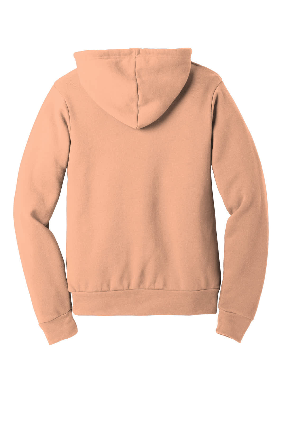 A unisex sponge fleece pullover hoodie in a peach colour, featuring a hood and long sleeves. It has a logo on it.