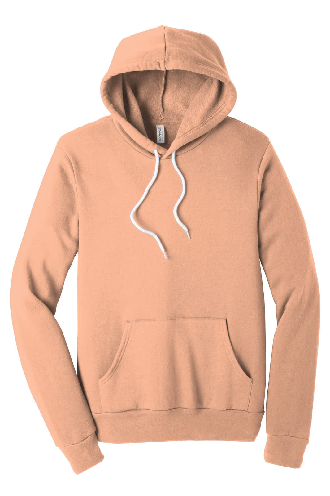 A unisex sponge fleece pullover hoodie in a light tan colour, featuring a front pocket and a drawstring hood.