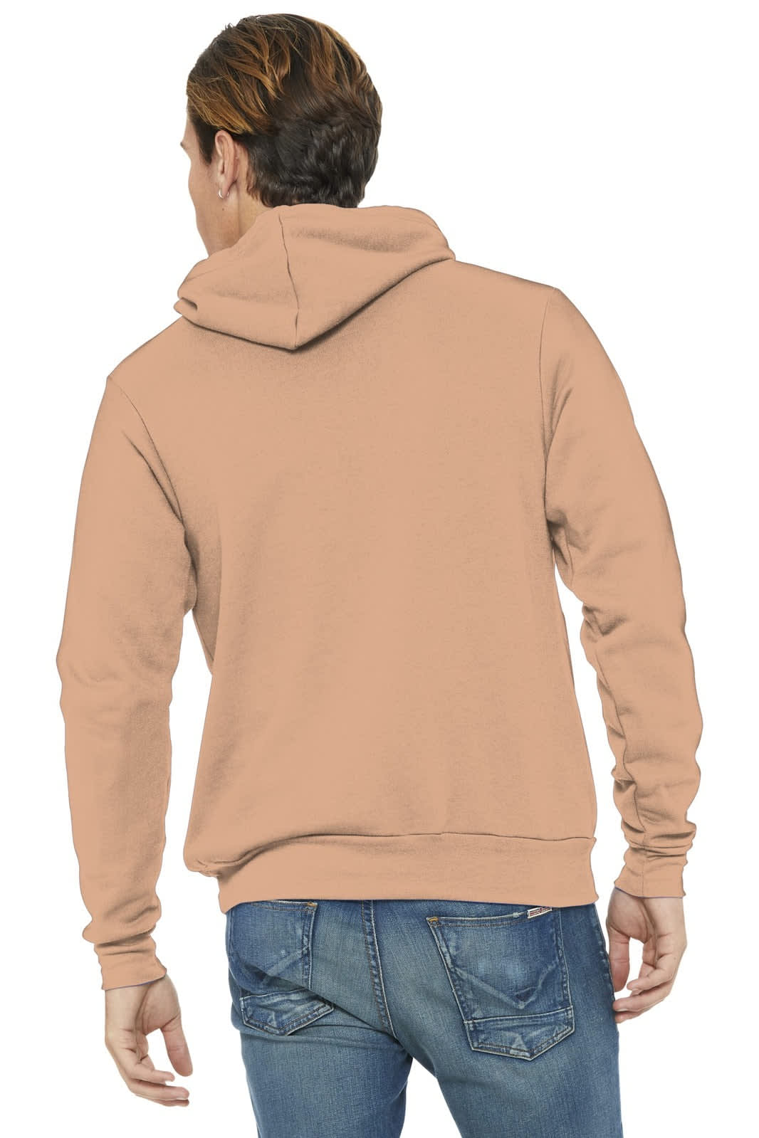 A unisex sponge fleece pullover hoodie in a soft beige colour, featuring a hood and long sleeves, with a branding logo.