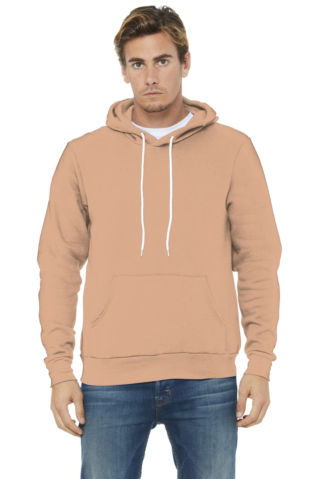 A unisex sponge fleece pullover hoodie in light peach with a kangaroo pocket and white drawstrings.