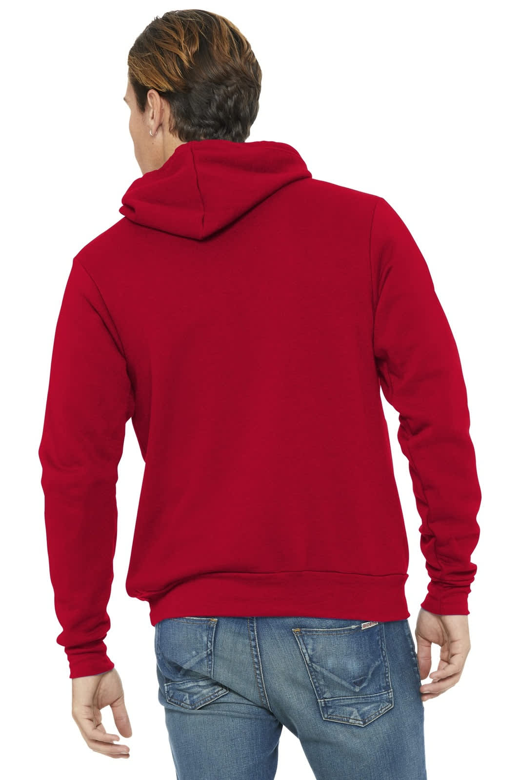 A unisex pullover hoodie in red, featuring a hood and a logo on the back, paired with blue jeans.