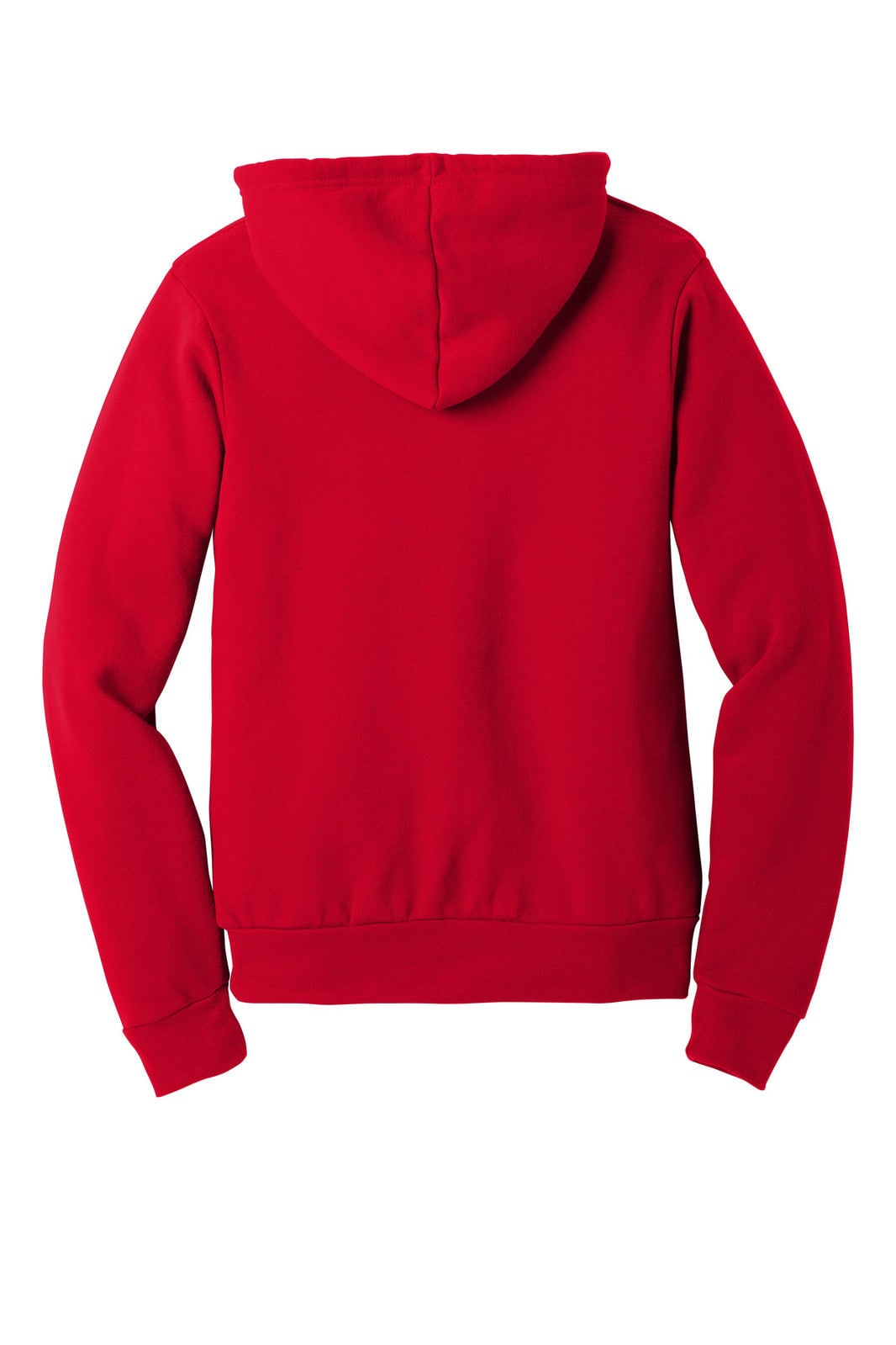 A red unisex sponge fleece pullover hoodie with a hood and long sleeves, featuring a logo on the back.