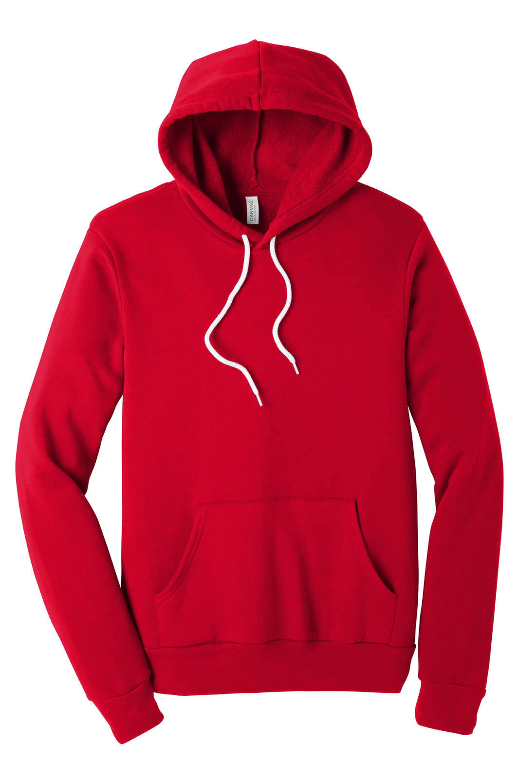 A red unisex sponge fleece pullover hoodie with a front pocket and a logo on the chest area.